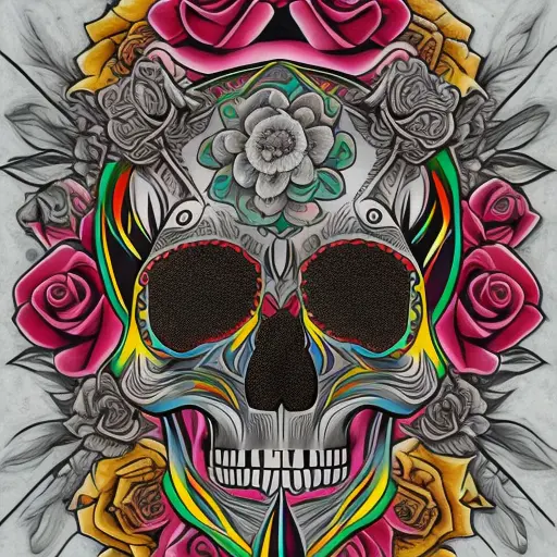 Tatuagem criada por nossa Inteligência Artificial - 'Uma caveira com rosas' no estilo Minimalista. Arte representa uma caveira com rosas ao seu redor.