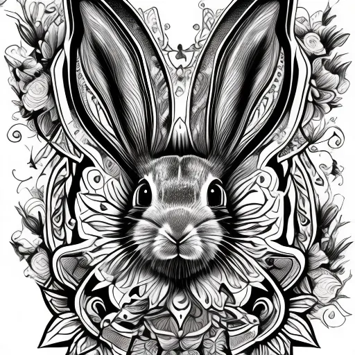 Tatuagem criada por nossa Inteligência Artificial - 'Coelho fofo com flores ao redor' no estilo Realista. Arte representa a face de um coelho realista com flores ao seu redor.