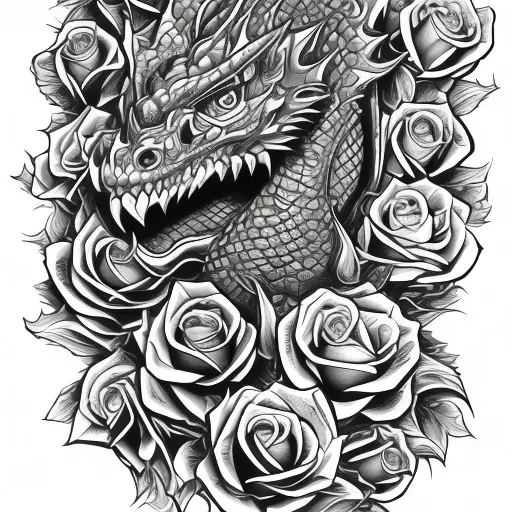 Tatuagem criada por nossa Inteligência Artificial - 'Rosas ao redor de um dragao' no estilo New School. Arte representa um dragao com rosas ao seu redor.
